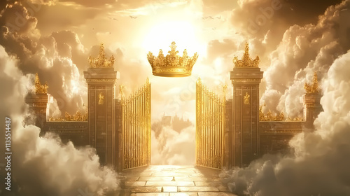 Eternal life: the crown and golden gates - imagine a crown and golden gates, symbolizing the promise of eternal life in heaven. Eternal. Illustration