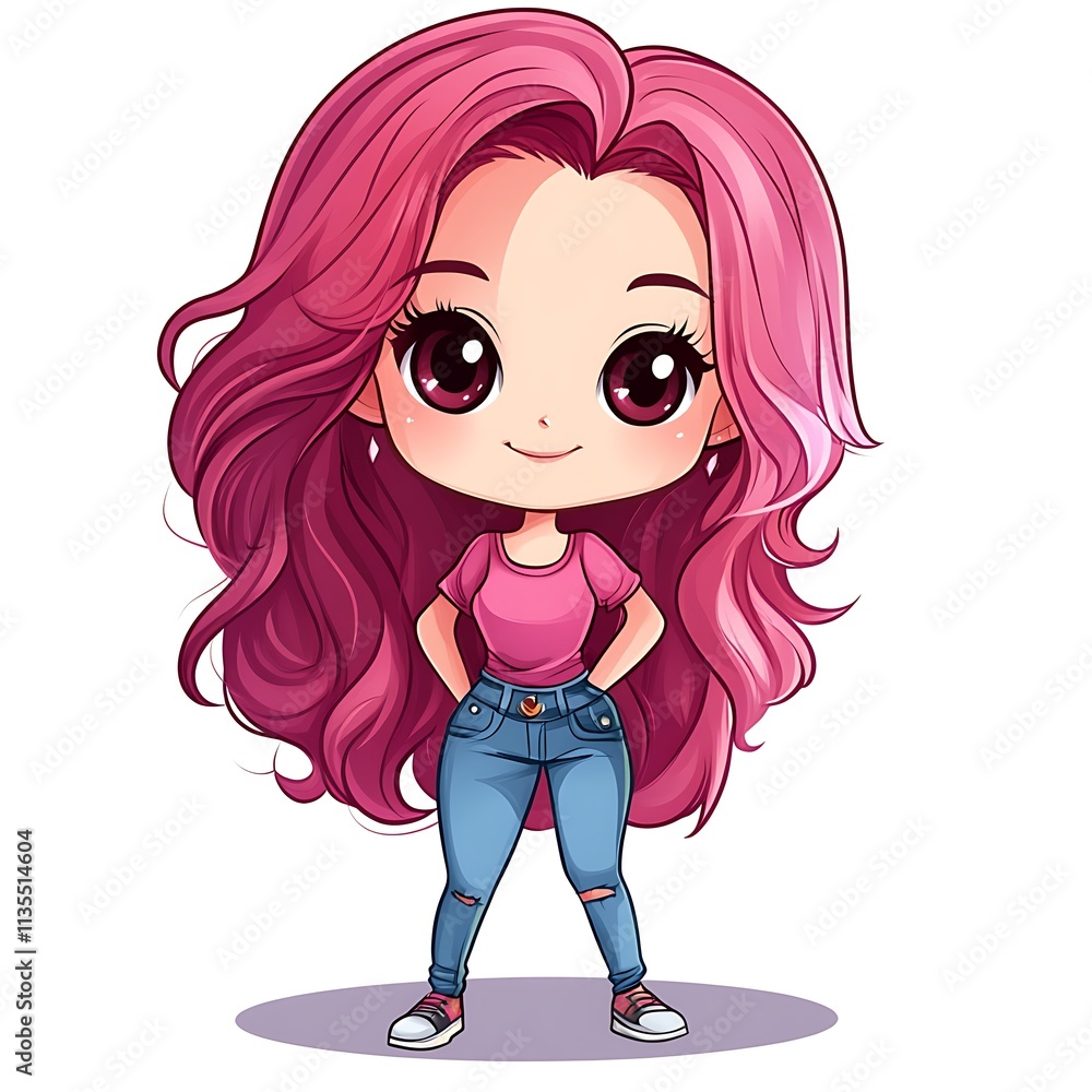 Cute girl with pink hair and jeans. Kawaii anime style illustration. Cute girl with pink hair and jeans. Kawaii anime style illustration.