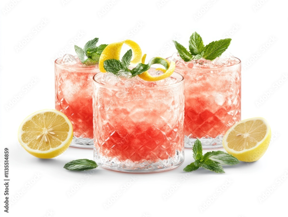 Three refreshing cocktails with mint and lemon, served over ice. Three refreshing cocktails with mint and lemon, served over ice.