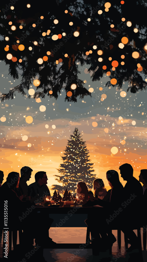 Fototapeta premium Multi-Generational Family Silhouette at Christmas Dinner, Multi-Generational Christmas DinnerChristmas day, New Year's Eve, Happy New Year