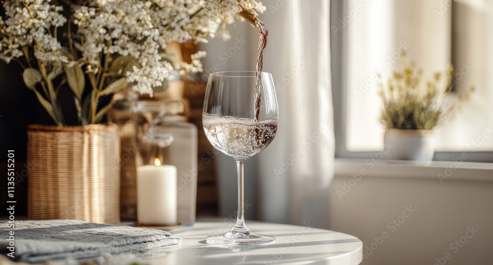 Wine poured into glass on table near flowers, candles, and window. Wine poured into glass on table near flowers, candles, and window.