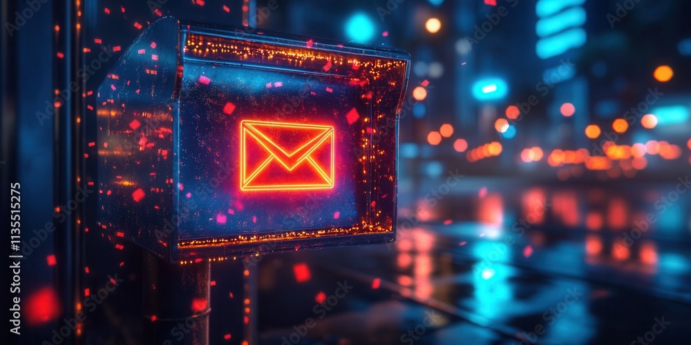Holographic mailbox icon, luminous envelopes within, futuristic design, vibrant glow, digital communication theme, modern aesthetics Holographic mailbox icon, luminous envelopes within, futuristic design, vibrant glow, digital communication theme, modern aesthetics