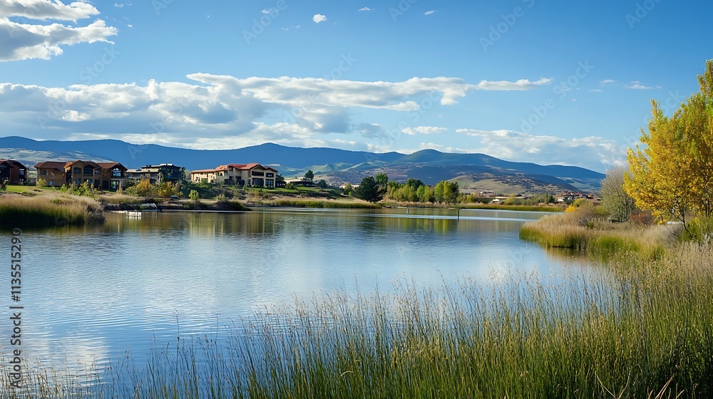 Fototapeta premium Serene lake view with modern homes and mountains. Concept of peaceful community and nature.