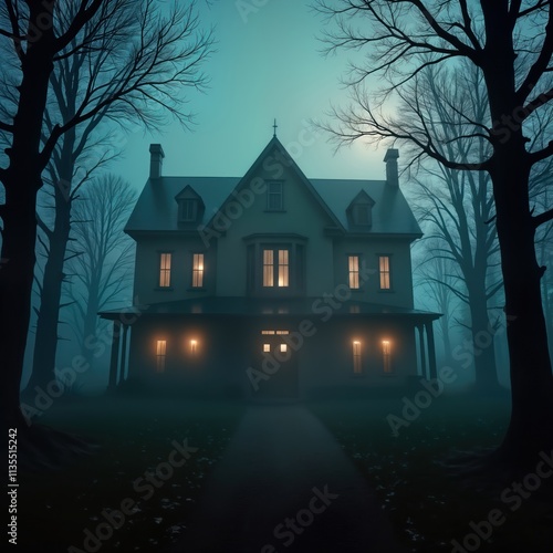 Large creepy house sits in foggy forest at night. Lights glow from windows. Spooky atmosphere. Old, abandoned house. Mysterious, eerie feelings in house. Silhouette trees surround. Haunting, ominous.