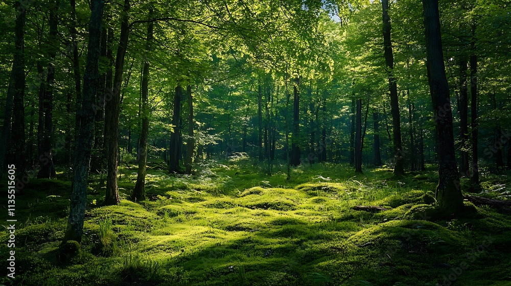 Obraz premium Sunlight filtering through a lush forest. Concept of nature, tranquility, and serenity.