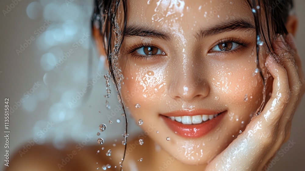 A close-up portrait of a smiling person with water droplets on their face, conveying freshness. A close-up portrait of a smiling person with water droplets on their face, conveying freshness.