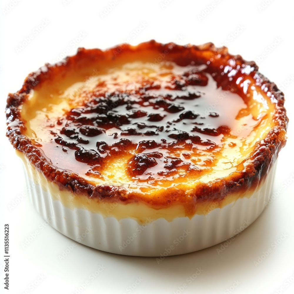 A creamy dessert with a caramelized sugar crust, served in a white ramekin. A creamy dessert with a caramelized sugar crust, served in a white ramekin.