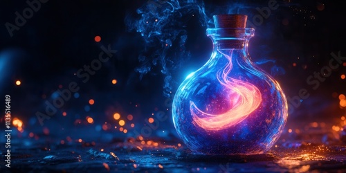 Holographic Potion Icon, glowing swirling liquid, mystical design, enchanting visual, vibrant colors, magical atmosphere, fantasy theme photo