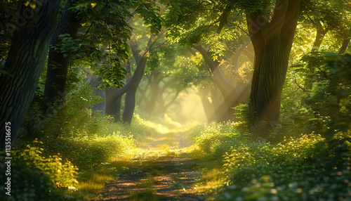 Sunlit Forest Path with Lush Undergrowth photo