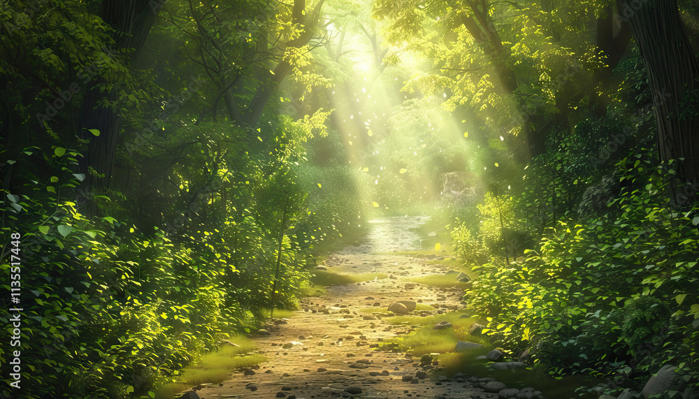 Obraz premium Forest Path with Stream and Sunlight