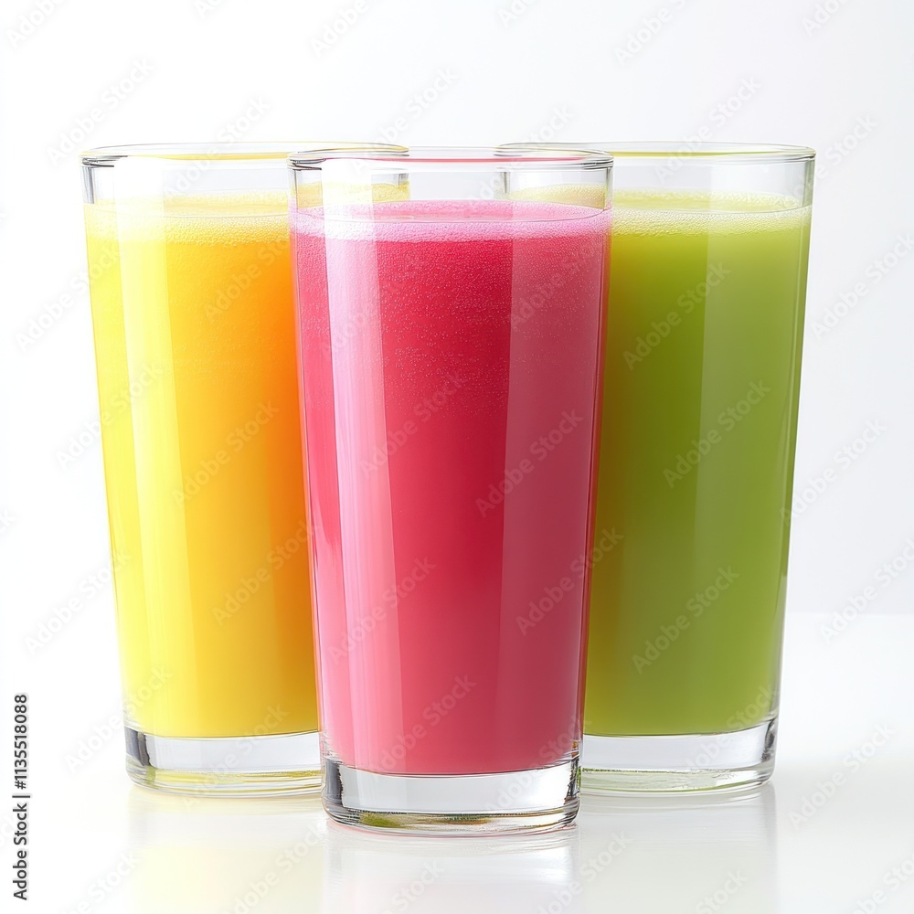 Three colorful glasses of juice in vibrant yellow, pink, and green. Three colorful glasses of juice in vibrant yellow, pink, and green.