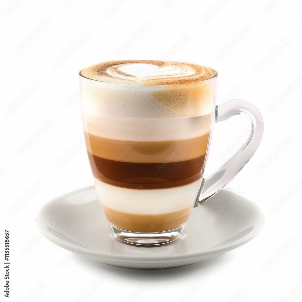 A classic latte macchiato with latte art, against an isolated white background, surrealism art style A classic latte macchiato with latte art, against an isolated white background, surrealism art style