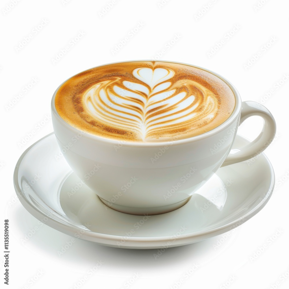 A classic latte with latte art, against an isolated white background, hyper-realism art style A classic latte with latte art, against an isolated white background, hyper-realism art style