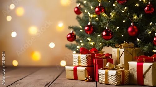 Christmas tree and holidays present on fireplace background