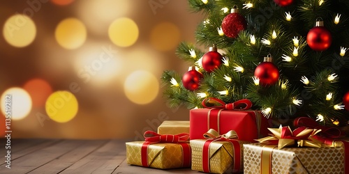 Christmas tree and holidays present on fireplace background