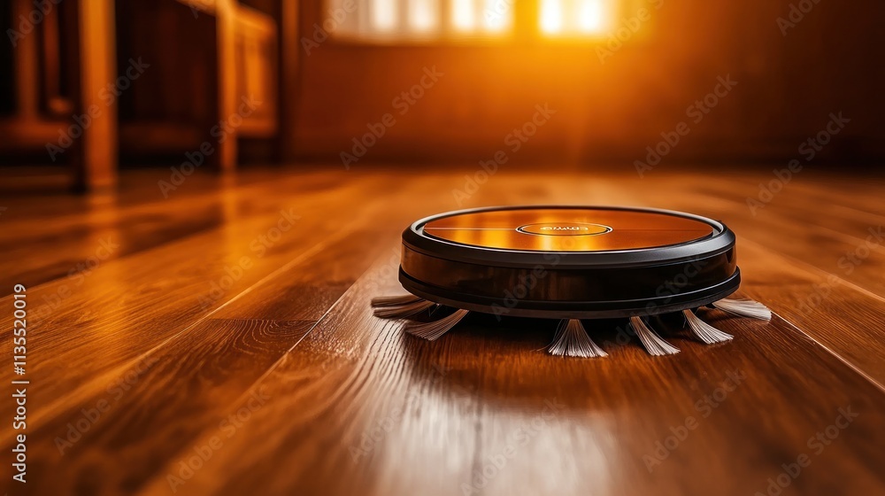 Obraz premium A robotic vacuum cleaner on wooden flooring, designed for automated cleaning.