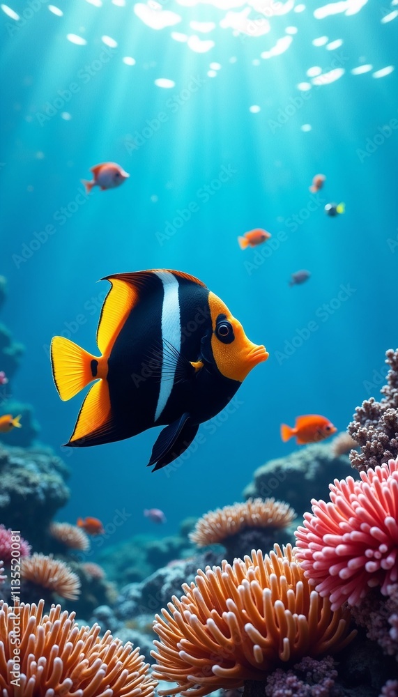 Fototapeta premium A vibrant Moorish idol fish swimming gracefully through a coral reef with sunlight filtering through clear blue water