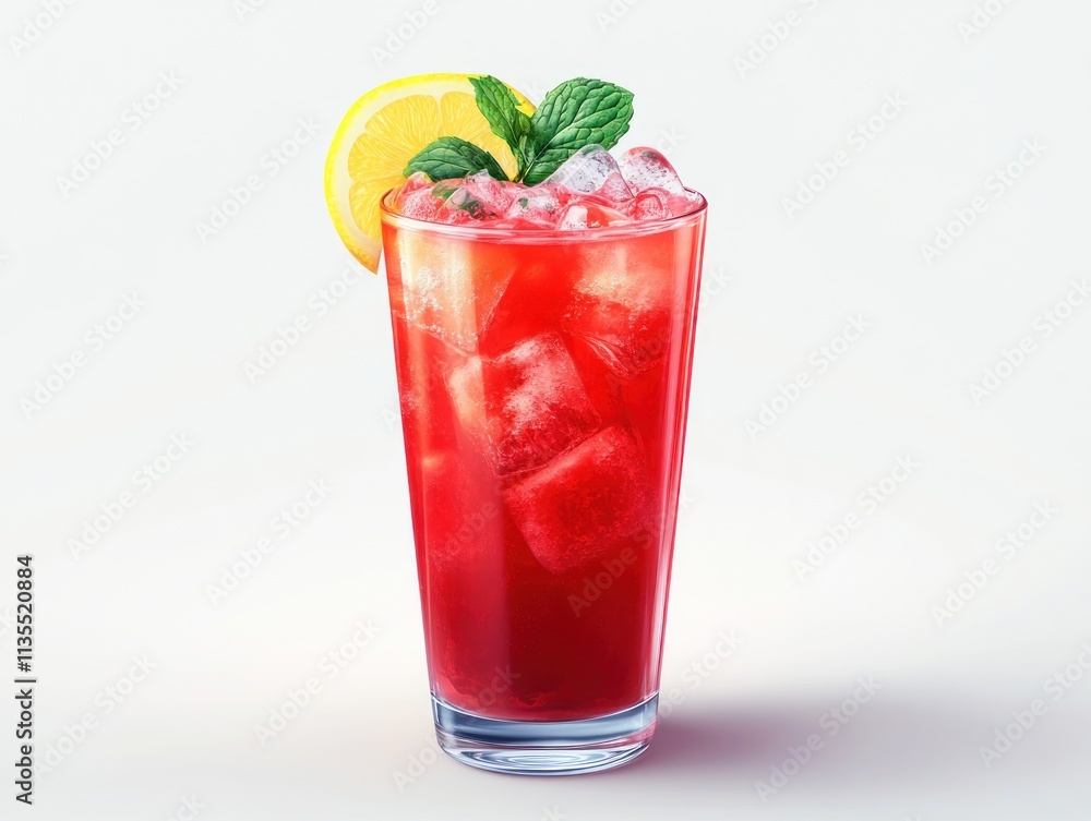 A refreshing red beverage with ice, lemon, and mint garnish in a tall glass. A refreshing red beverage with ice, lemon, and mint garnish in a tall glass.