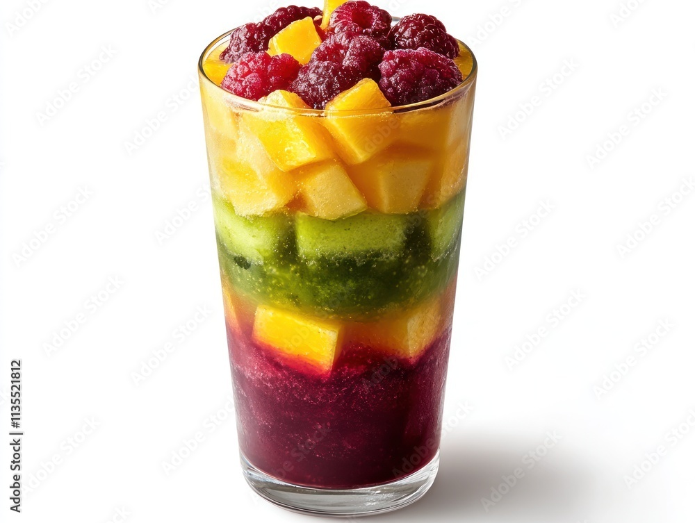 A colorful layered fruit drink featuring various fresh fruits in a tall glass. A colorful layered fruit drink featuring various fresh fruits in a tall glass.