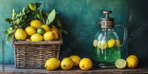 Vintage soda siphon, vibrant lemons and limes, nostalgic ambiance, 1950s kitchen setting, refreshing drink preparation scene photo