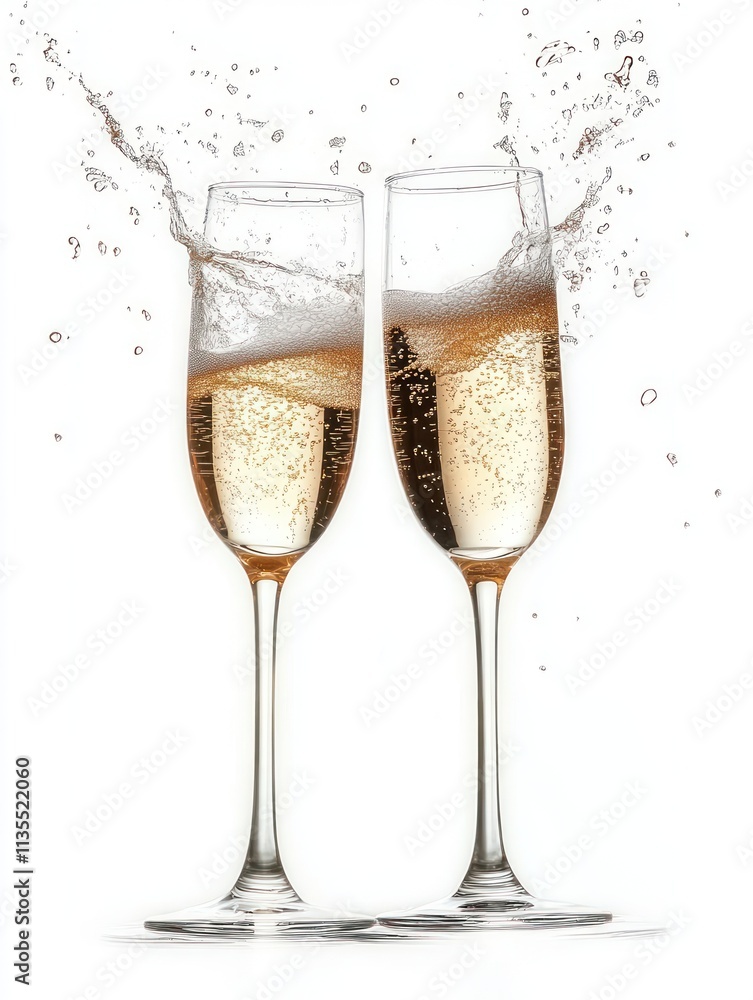 Two champagne flutes clinking with bubbly liquid splashing, symbolizing celebration. Two champagne flutes clinking with bubbly liquid splashing, symbolizing celebration.