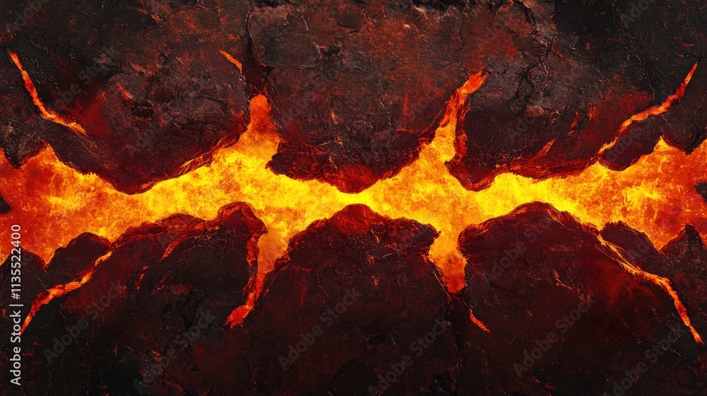 Fiery Lava Cracks on Dark Volcanic Rock Surface in Eruption Fiery Lava Cracks on Dark Volcanic Rock Surface in Eruption