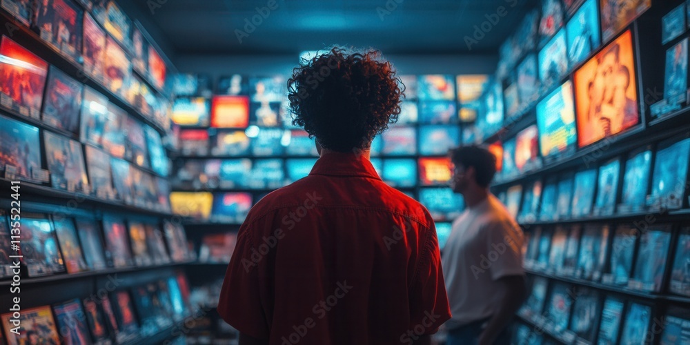 Retro video store clerk in vibrant 80s attire enthusiastically recommending classic films to excited customers in a nostalgic setting Retro video store clerk in vibrant 80s attire enthusiastically recommending classic films to excited customers in a nostalgic setting
