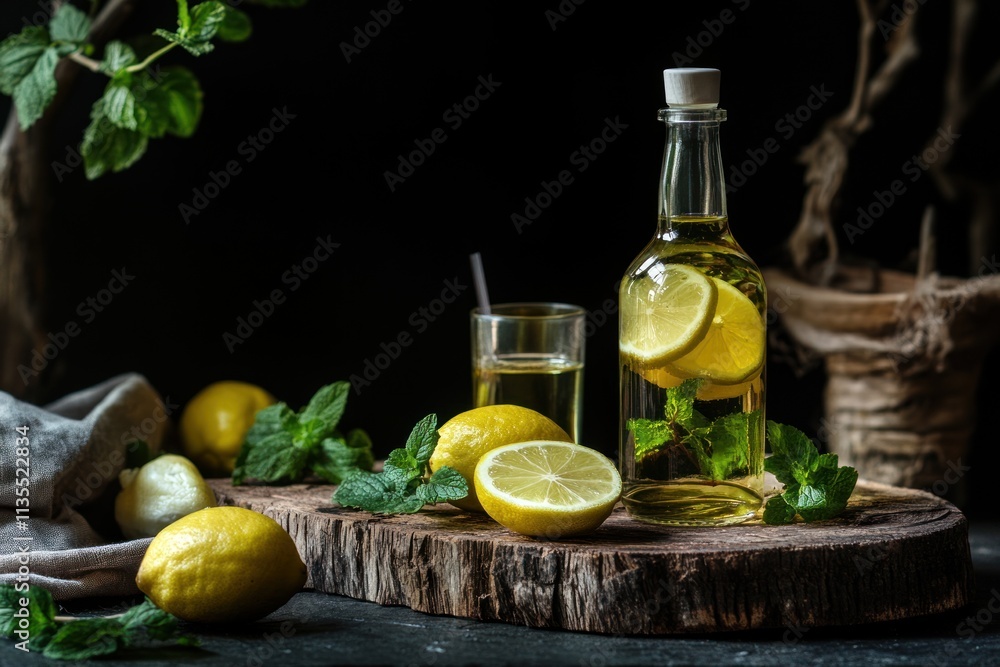 Lemon mint drink in glass bottle on rustic wood with scattered citrus and herbs. Lemon mint drink in glass bottle on rustic wood with scattered citrus and herbs.