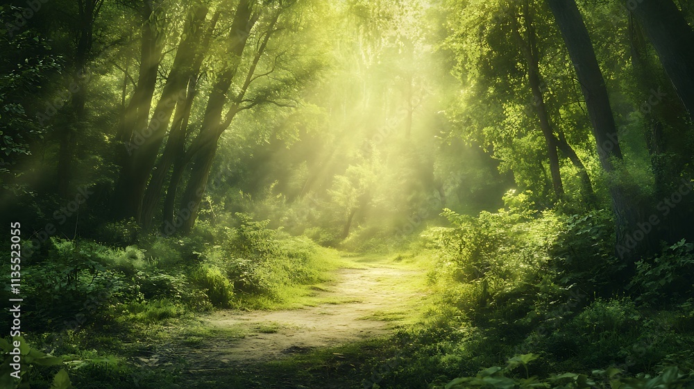 Fototapeta premium Mystical Forest Path, Sunlight Beams Through Trees. Concept of Nature, Magic, and Serenity.