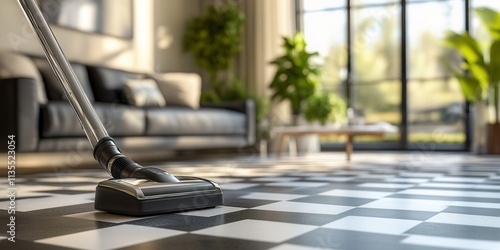 Wallpaper Mural Retro chrome vacuum cleaner in a stylish living room featuring classic checkerboard tiles, showcasing mid-century elegance and design flair Torontodigital.ca