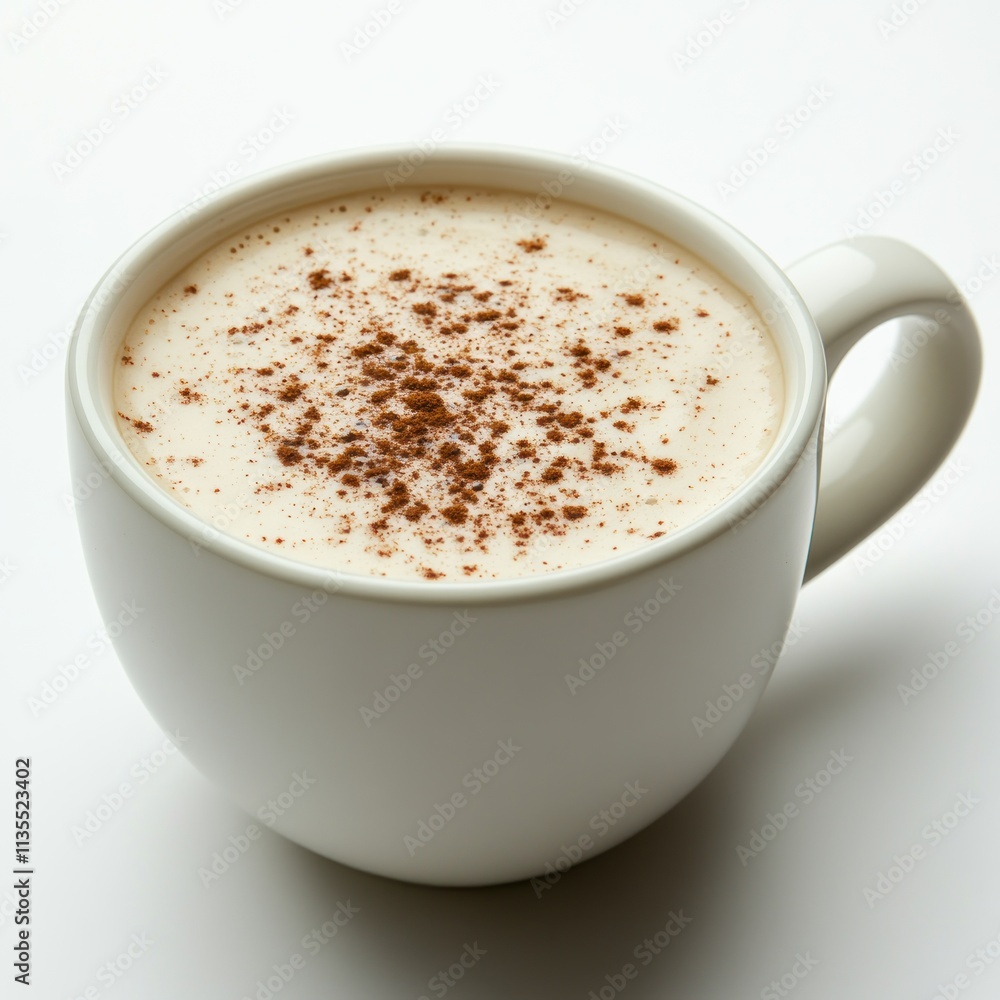 A creamy beverage topped with a sprinkle of cocoa, served in a white mug. A creamy beverage topped with a sprinkle of cocoa, served in a white mug.