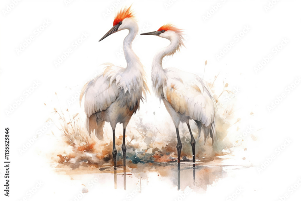 Fototapeta premium Two cranes on white background, watercolor cartoon style, watercolor style