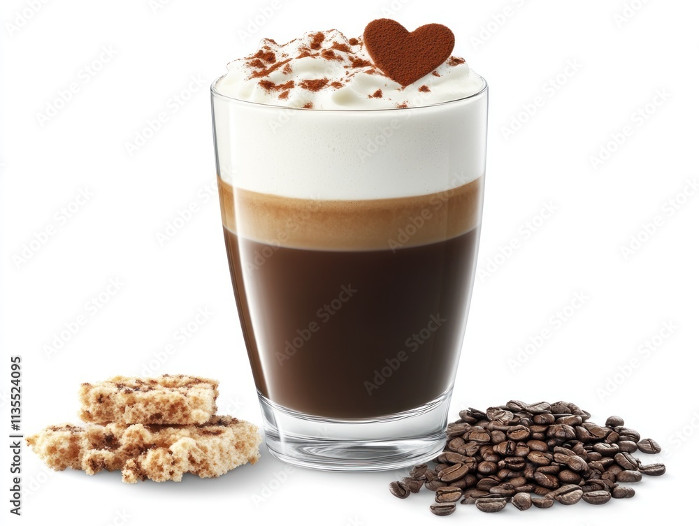 A layered coffee drink topped with whipped cream and a chocolate heart, accompanied by snacks. A layered coffee drink topped with whipped cream and a chocolate heart, accompanied by snacks.