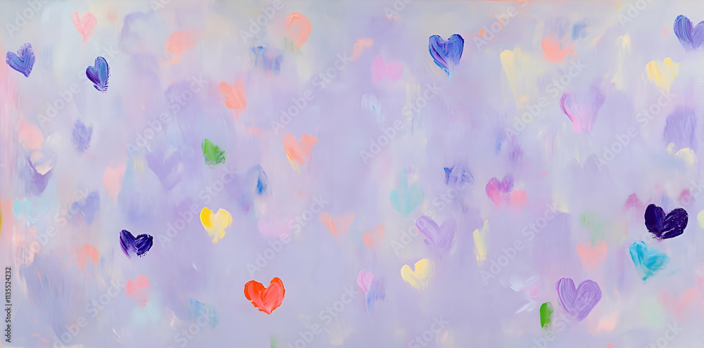 A colorful abstract painting featuring hearts on a soft purple background. A colorful abstract painting featuring hearts on a soft purple background.