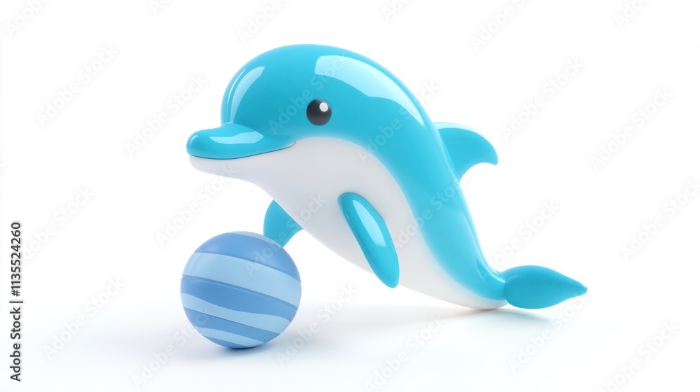 Glossy blue dolphin with striped ball against white background. Glossy blue dolphin with striped ball against white background.