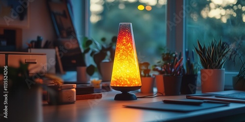 Vibrant 80s lava lamp casting colorful reflections on a cluttered teenager's desk, evoking nostalgia and youthful energy photo