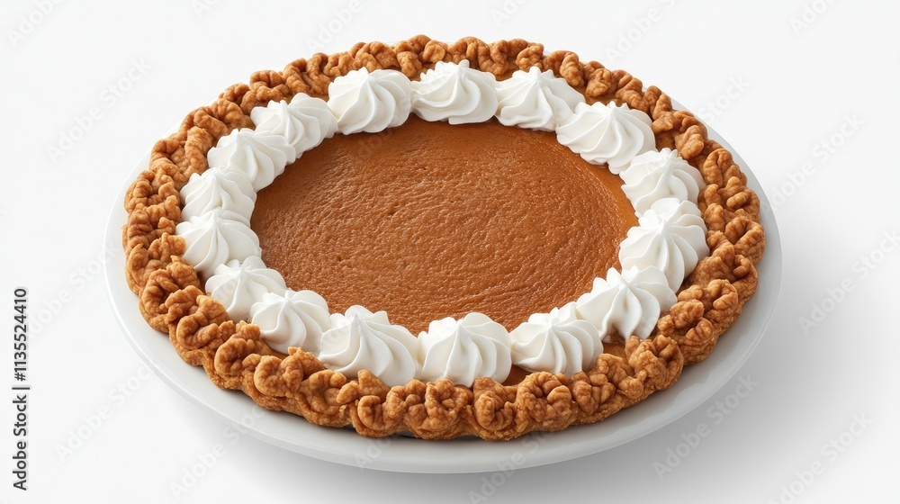 Delicious Pumpkin Pie with Whipped Cream Garnish on White Plate Delicious Pumpkin Pie with Whipped Cream Garnish on White Plate