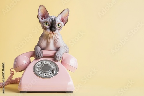 Hairless kitten sits on pink rotary phone on yellow background. photo