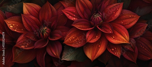 Red dahlias with water droplets.