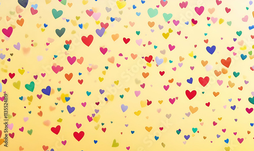 A vibrant background filled with colorful hearts on a soft yellow backdrop.