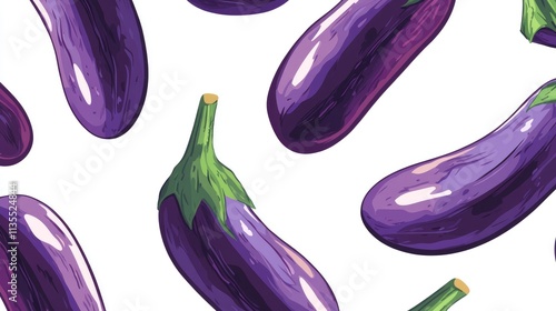 Colorful Seamless Pattern of Fresh Eggplants on White Background photo