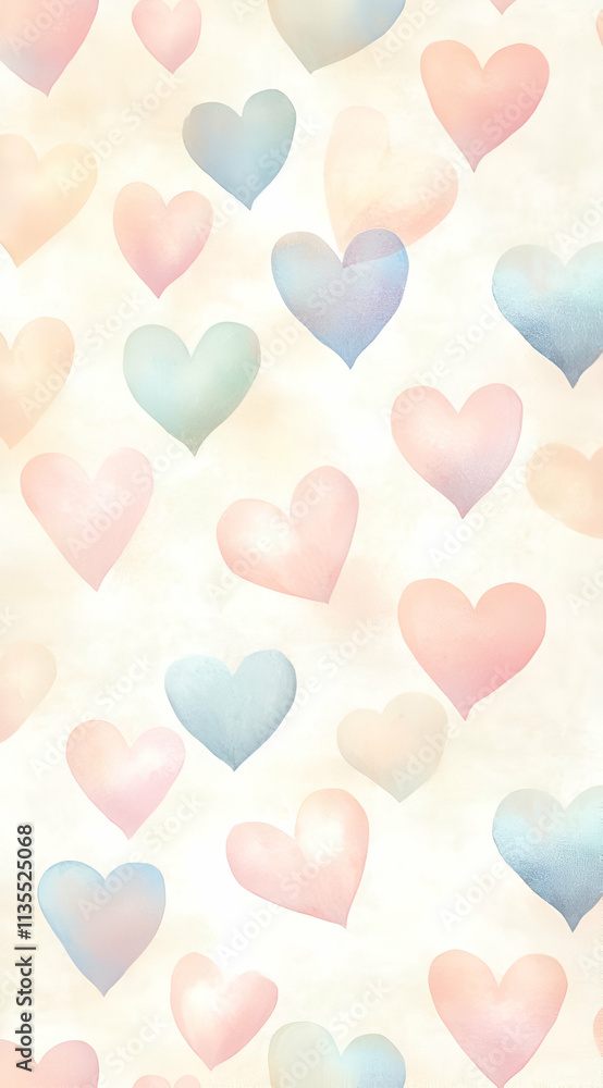 A soft, pastel background featuring various hearts in light colors, ideal for romantic designs. A soft, pastel background featuring various hearts in light colors, ideal for romantic designs.