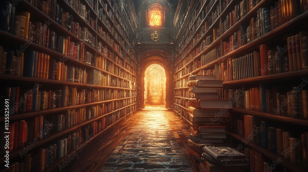 custom made wallpaper toronto digitalFuturistic bookshelf overflowing with intricately designed books, vibrant colors, and immersive lighting, showcasing advanced visual technology.