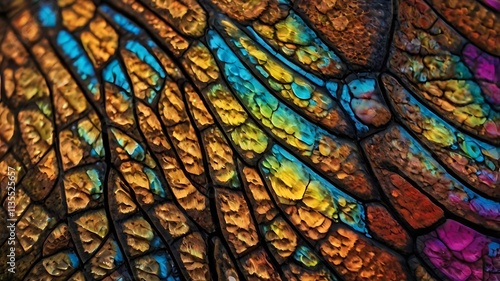 A Microshot Of A Vibrant Butterfly Wing, Showcasing The Intricate Patterns And Textures Of Its Scales photo