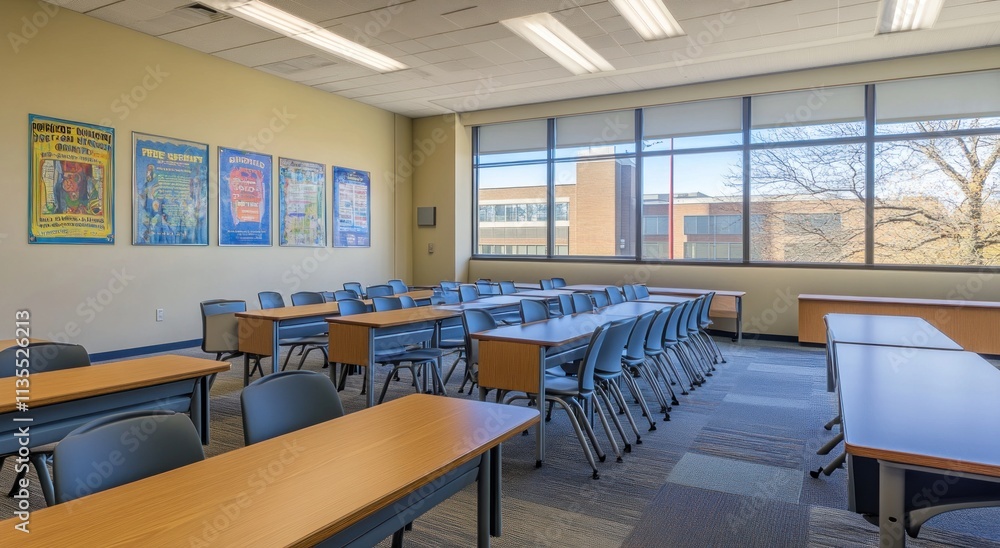 Empty classroom with rows of desks and chairs, large window. Empty classroom with rows of desks and chairs, large window.