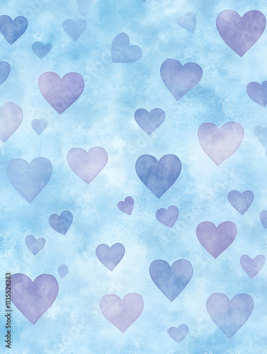 A soft blue background adorned with various purple hearts, creating a whimsical and loving atmosphere.