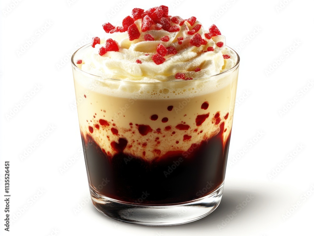 A dessert drink featuring layers of cream, red syrup, and toppings in a glass. A dessert drink featuring layers of cream, red syrup, and toppings in a glass.