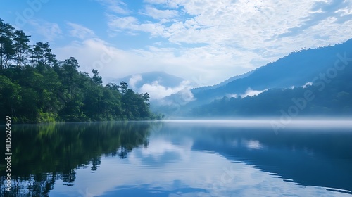 Serene lake reflecting misty mountains. Concept of tranquility, nature, and peace.