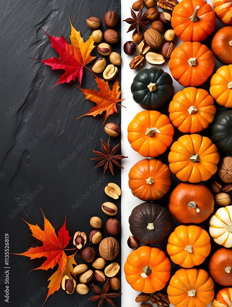 Autumn leaves, pumpkin, pine cones and nuts on black background with copy space. Thanksgiving concept. Flat lay, layout, room for text
Autumn leaves, pumpkin, pine cones and nuts on black background with copy space. Thanksgiving concept. Flat lay, layout, room for text