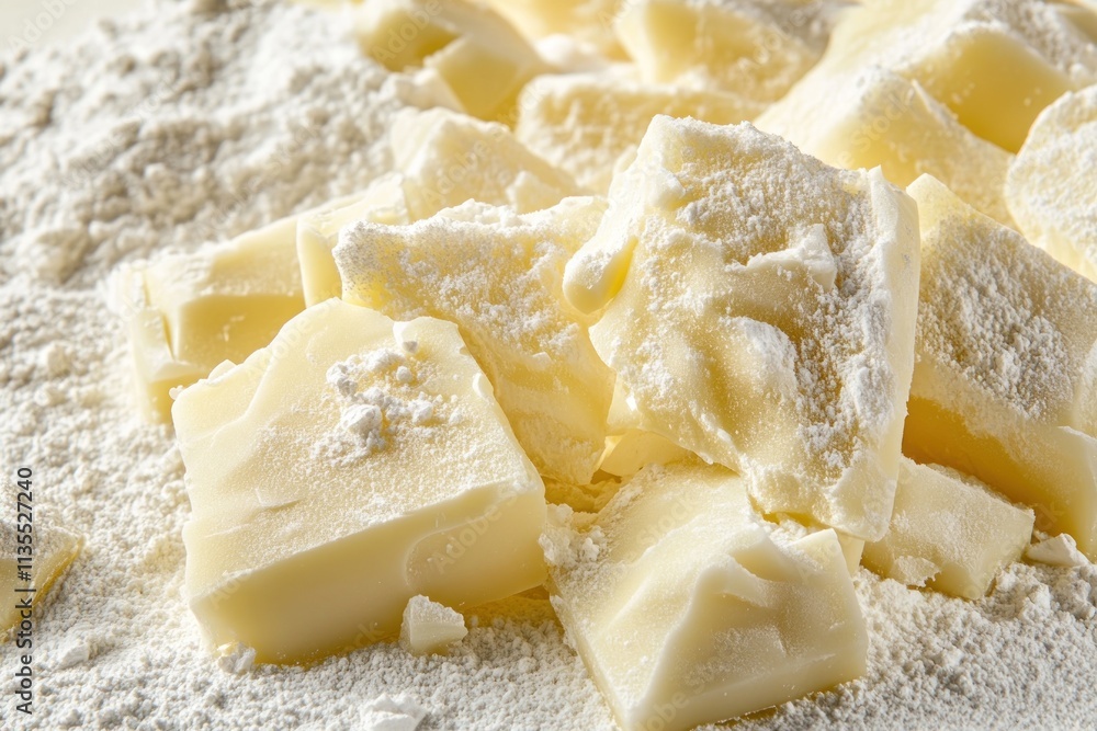 Close up of white chocolate chunks on flour. Close up of white chocolate chunks on flour.